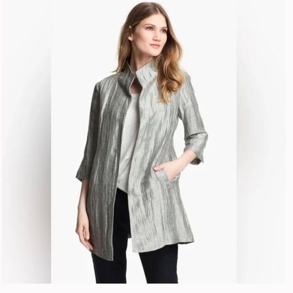 Eileen Fisher Jackets & Blazers - Eileen Fisher Washable Crinkle Sheen Jacket Silver Linen Silk SZ XS